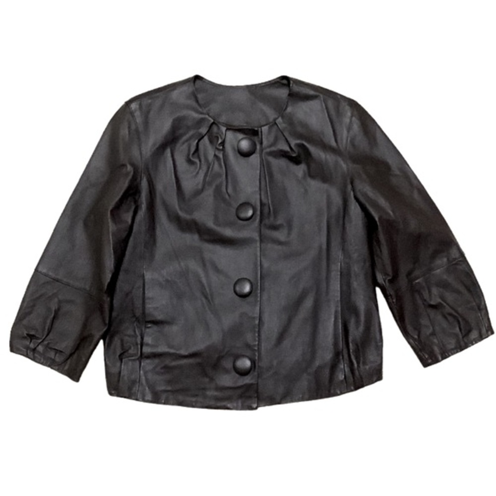 LAL LIVE A LITTLE Brown Leather Cropped Collarless Bubble Hem Jacket - Size S